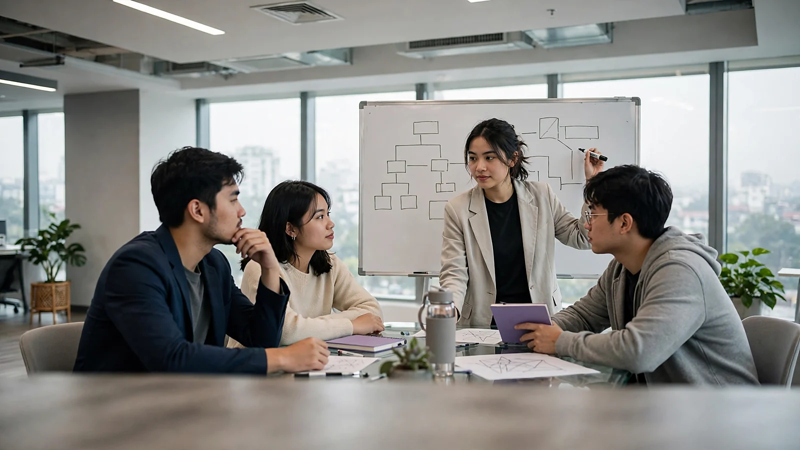 Nhóm bốn chuyên viên nhân sự Việt Nam trao đổi quanh bàn họp kính trong văn phòng sáng, một chị đang vẽ sơ đồ tổ chức trên bảng trắng