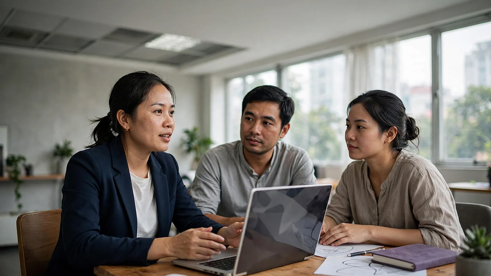 Chuyên gia tư vấn nhân sự HROne trao đổi với hai chủ doanh nghiệp nhỏ tại bàn họp gỗ trong văn phòng