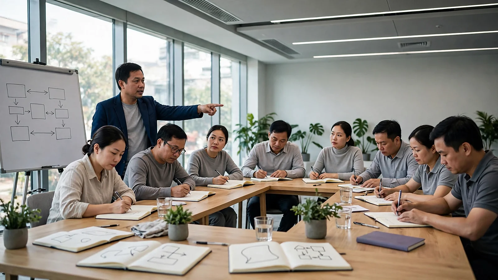 Giảng viên chỉ vào sơ đồ trên bảng flipchart trong buổi workshop, các nhà quản lý ngồi bàn chữ U ghi chép