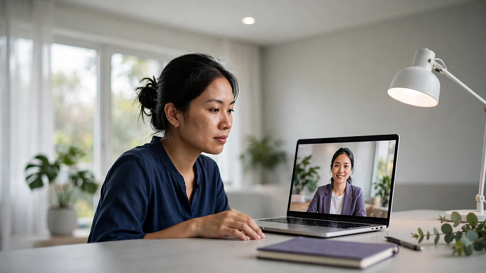 Nữ quản lý nhân sự theo dõi buổi webinar trực tuyến trên máy tính tại bàn làm việc