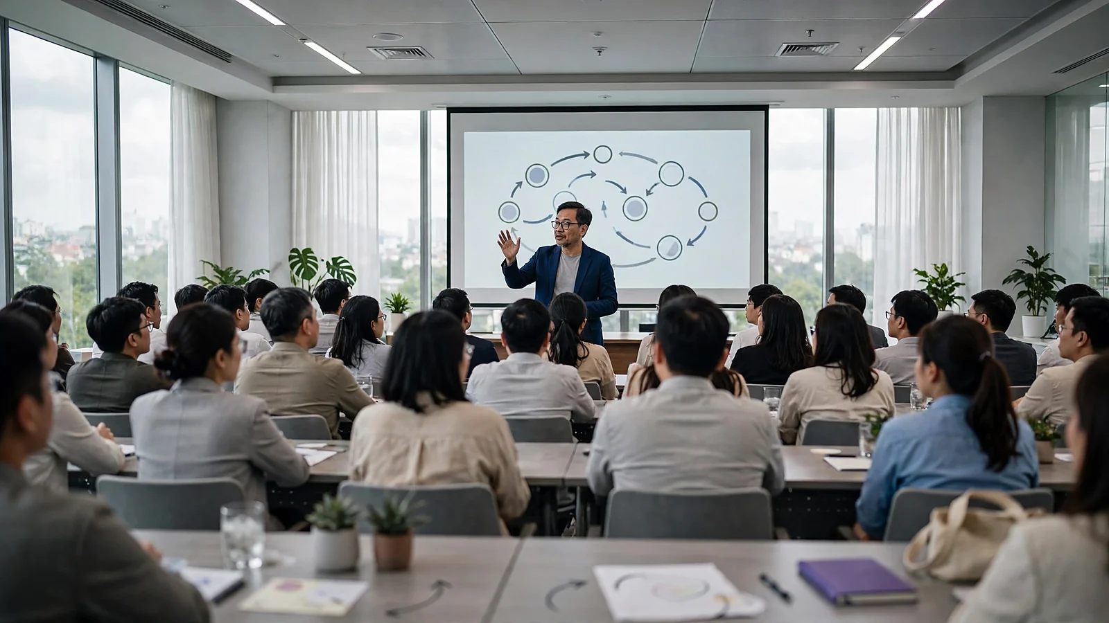 Diễn giả đứng trước màn hình trình chiếu chia sẻ với khán phòng chuyên viên nhân sự trong hội trường